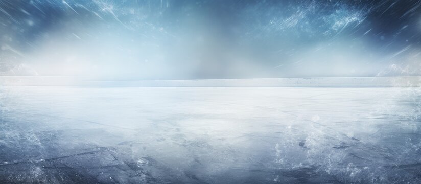 A copy space image of a frozen backdrop exhibiting visible traces of ice related activities like skating and hockey