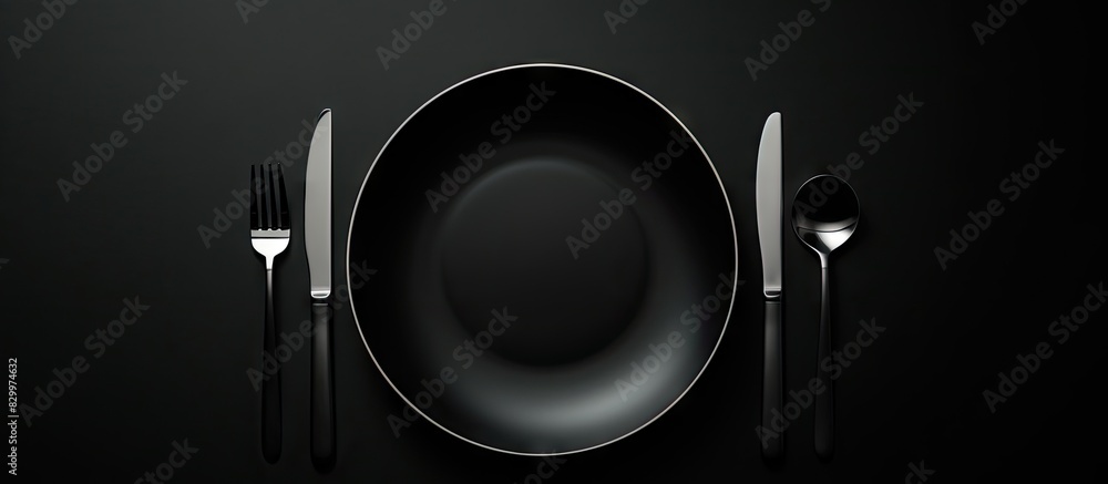 Poster A moody copy space image capturing a close up view of a cutlery set consisting of an empty plate and a fork placed together on a black table This food concept photography evokes the essence of a sere