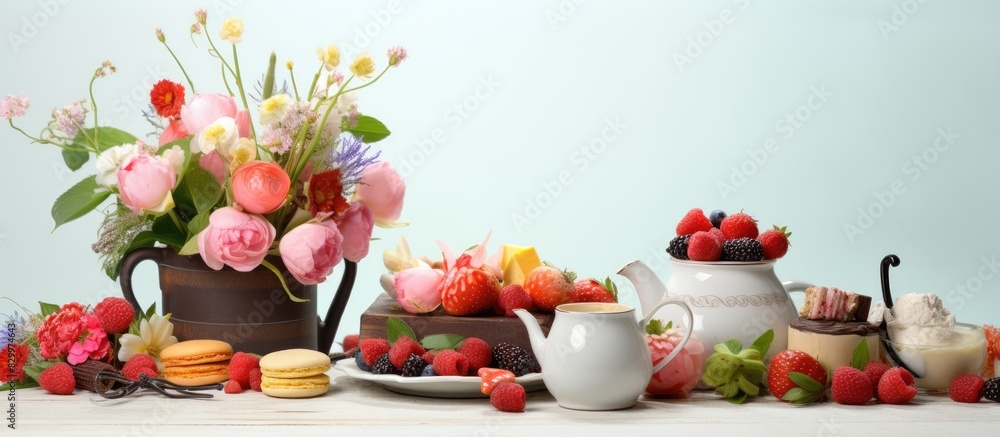 Poster a mother s day themed arrangement with a vintage tea set finger sandwiches chocolates desserts and f