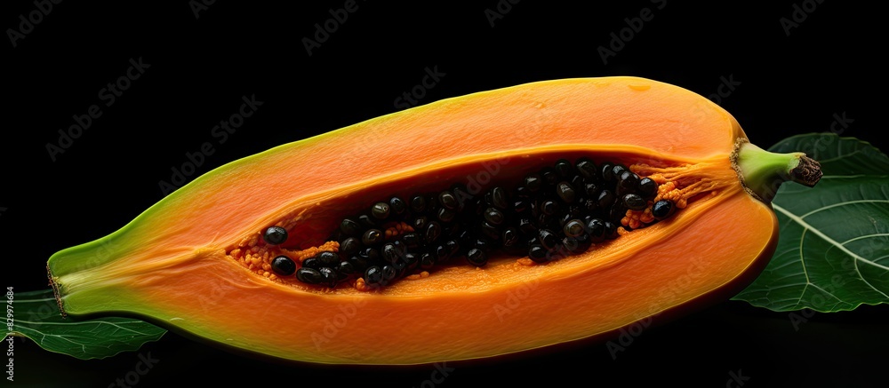 Poster a top down view of a ripe papaya fruit just cut and placed on a black background there is a green pa