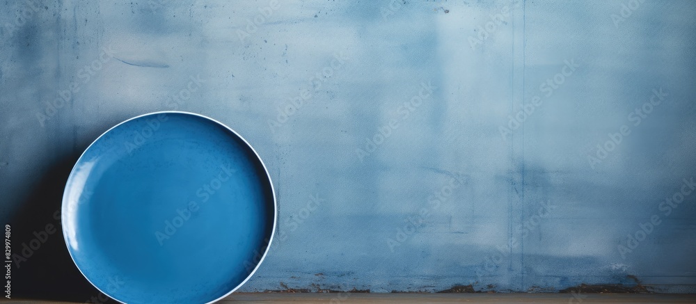 Poster A perspective view of a blue plate on a cement background with empty space for your design presented as a copy space image