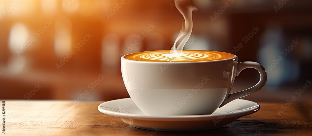 Poster A close up photo of a steaming hot latte coffee at a cafe perfect for website headers with space for text. with copy space image. Place for adding text or design