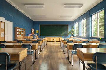  class room with tables, chairs, big windows and chalkkboard with copy space