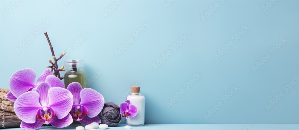 Poster A copy space image featuring spa items set against a soothing blue background accentuated by delicate lilac orchids