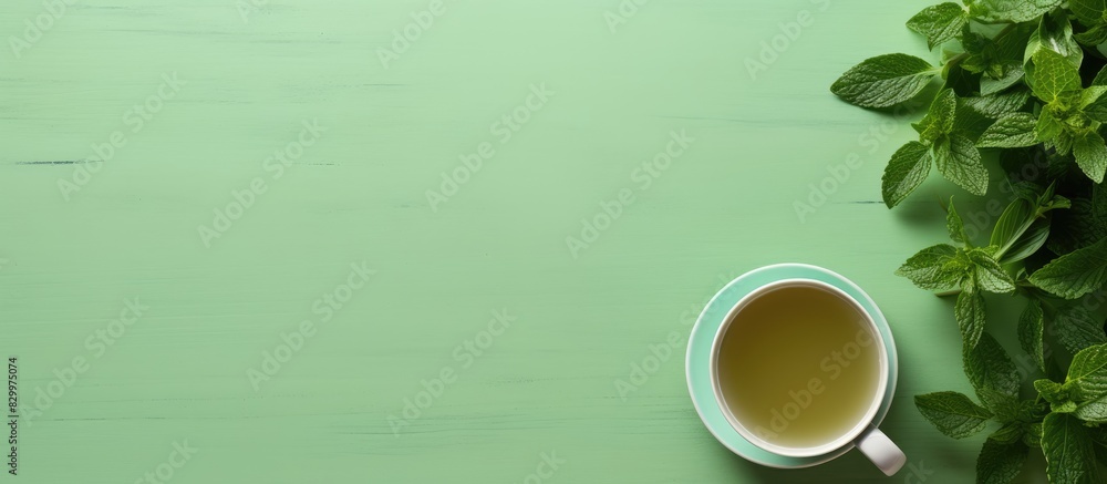Aufkleber A top down view of a cup of green tea with fresh mint leaves on a table There is ample space for text or images in the background