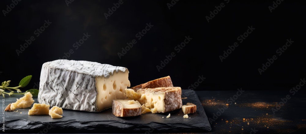 Poster aged goat cheese on a slate board surrounded by chunks of hard cheese the long ripening process give