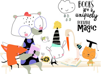 Cute Cartoon Animals sitting on Bench and reading Books. Vector Illustration