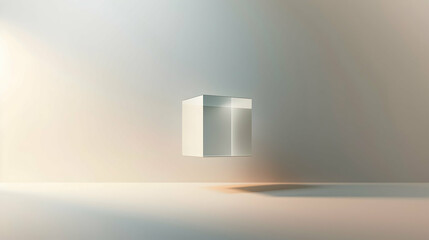A minimalist floating cube against a soft gradient background, showcasing modern and abstract geometric art with pastel hues and ethereal lighting