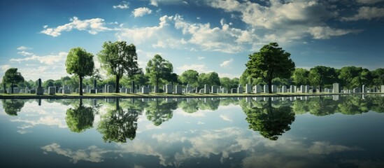 Obraz premium Cemetery monuments take form in a picturesque landscape providing a serene and tranquil space for reflection. with copy space image. Place for adding text or design