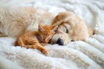 Golden Retriever Puppy and Kitten Sleeping Peacefully