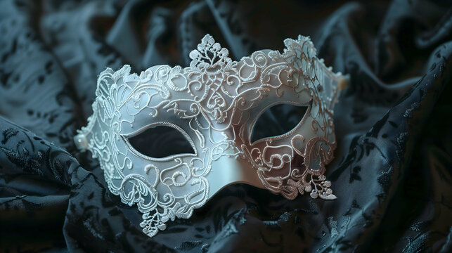 Elegant white masquerade mask adorned with intricate lace design, set against luxurious black fabric. Perfect for masquerade balls, costume parties, and elegant events