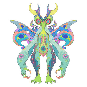 An illustration of a monster with blue eyes and colorful wings
