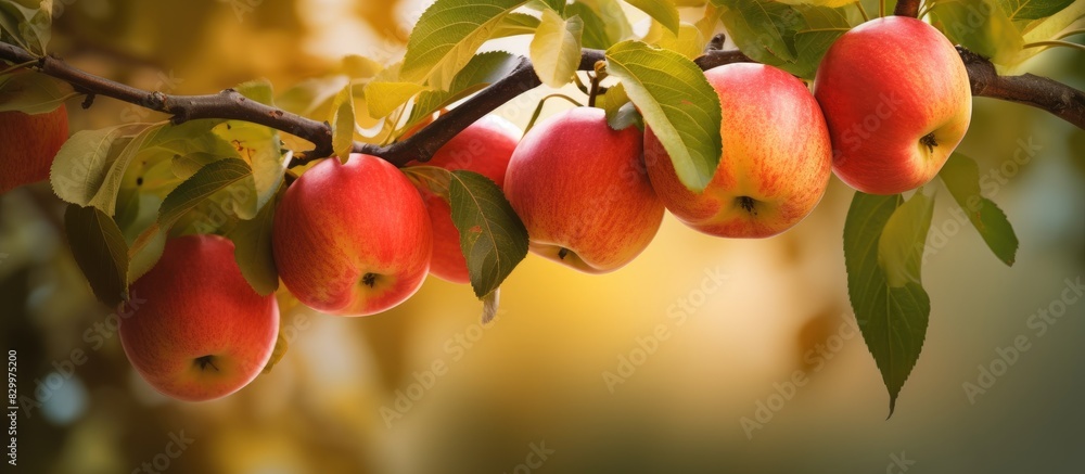 Poster a copy space image of a handful of ripe apples hanging from a branch in the bountiful garden during 
