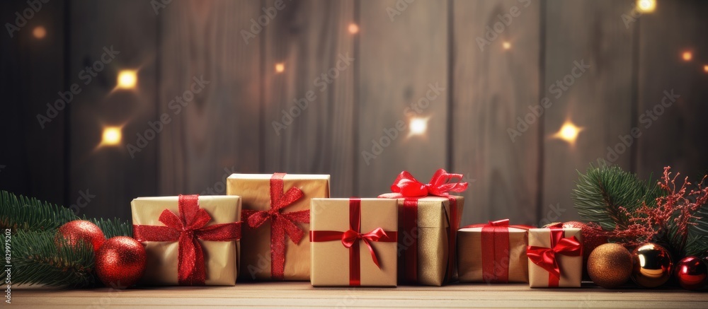 Poster Copy space image of gift boxes adorned with red bows accompanied by caramel sticks and fir branches captured against a rustic wooden backdrop Embodying the essence of Christmas and New Year s this pic