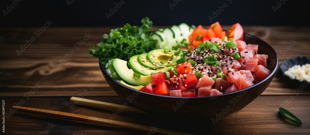 Aufkleber a close up image of a raw organic tuna poke bowl with vegetables on a table copy space image
