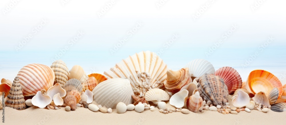 Aufkleber a close up image of sea shells on sandy beach with a white isolated background providing copy space