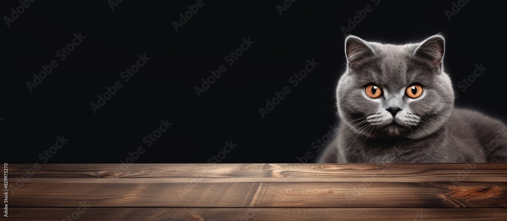 Aufkleber A charming gray cat sits on a wooden surface with an empty space for additional content in the background image