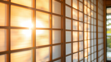 The warm sunrise filters through a traditional Japanese shoji screen, casting soft light and creating a serene and tranquil atmosphere. Ideal for themes of traditional architecture and cultural herita