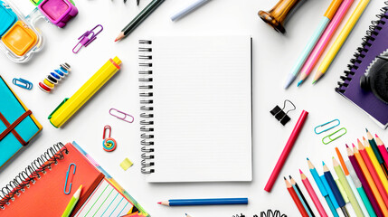 Assorted stationery and a blank spiral notebook on a white background. - Powered by Adobe