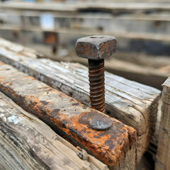 Close-up of a rusty bolt embedded in weathered wood, highlighting the textures and signs of decay on an industrial structure. Perfect for themes of rustic charm and vintage industrial elements