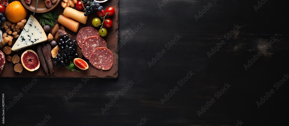 Poster top view of a dark background with a cheese fruit and meat board on it creating a visually appealing