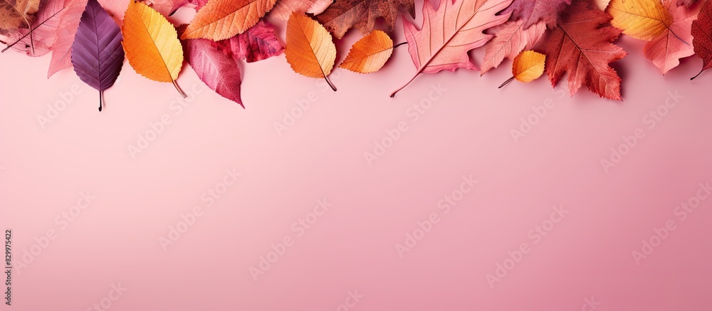 Poster a pink background with multicolored autumn leaves surrounding a copy space image