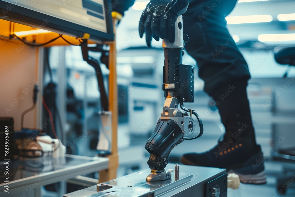 Poster advanced prosthetics workshop: man with modern prosthetic arms using high-tech adjustment tools for 