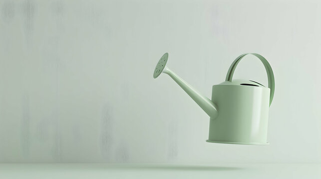 Minimalist light green watering can floating against a pale background, emphasizing simplicity and elegance in gardening tools with a clean design