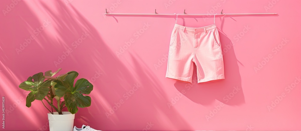 Poster a pink background featuring summer clothes such as shorts pants and t shirts there is a designated a