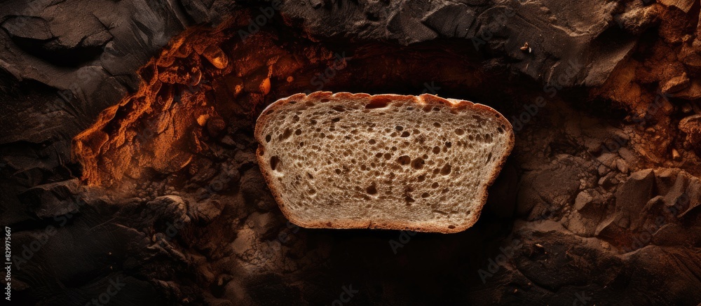Fototapete from an aerial perspective a slice of bread is showcased on a rustic stone surface providing a capti