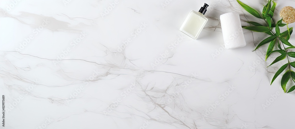 Poster A clean and pristine top view of a cosmetic flat lay on a white marble tile with ample copy space for text