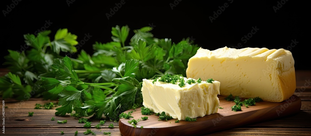 Poster A copy space image of butter bread and parsley placed on a wooden background