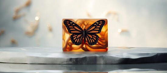 A copy space image featuring a handmade soap with a butterfly design made using the cold process technique The soap is black brown gray and orange in color and is displayed on a white background with - Powered by Adobe