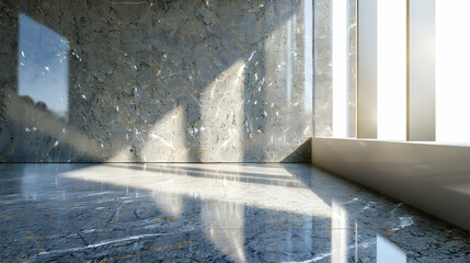 A modern interior featuring sunlit marble walls and floor. The luxurious space is bathed in natural light, highlighting the elegant and polished marble surfaces for a sophisticated and upscale look