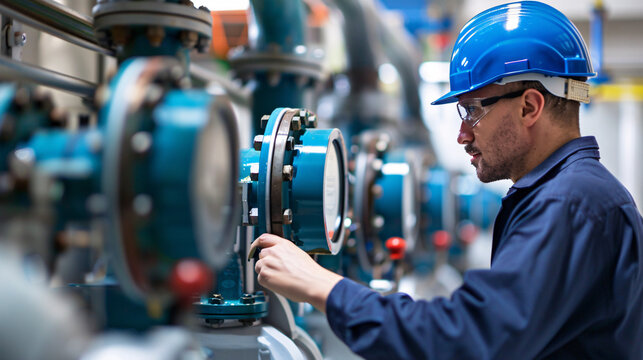 Professional worker of modern factory using laptop controlling program to automatic machinery. Engineering with laptop Programmable Logic Controller to manage large machine working full automatic.