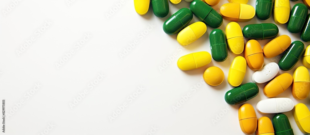 Poster close up image of green and yellow medication pills or capsules prescribed and used for treatment wi