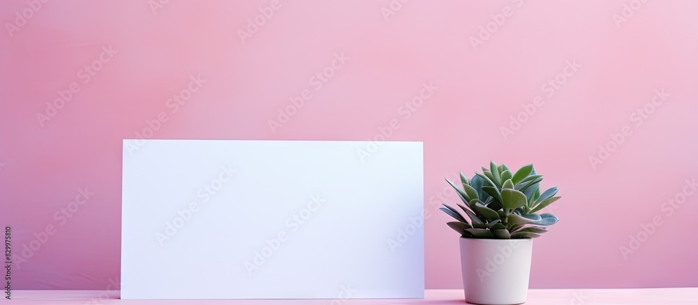 Poster a copy space image of a pink background adorned by a small potted plant with a blank sheet of paper 