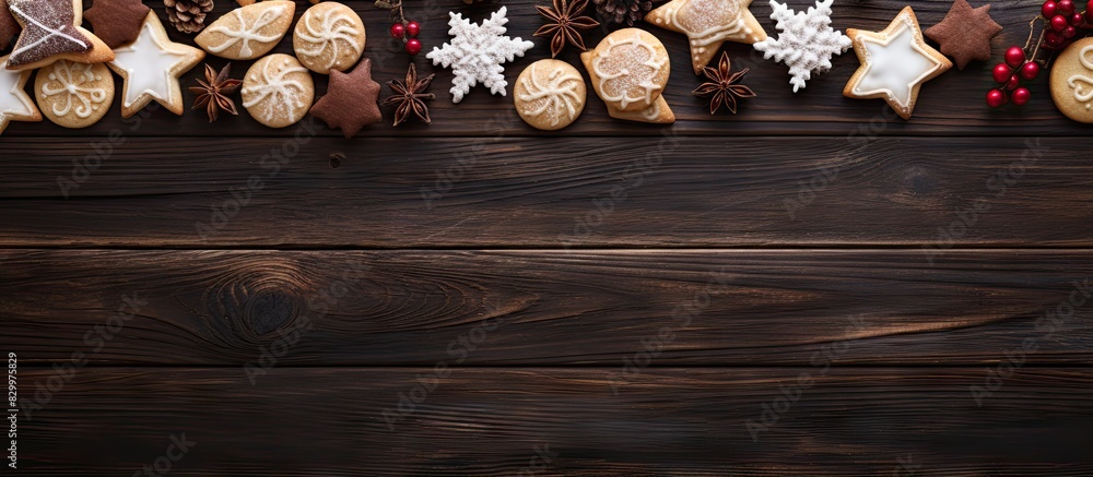 Poster A festive assortment of Christmas and New Year s cookies beautifully arranged on a wooden background with a view from above and plenty of empty space for adding images or text. with copy space image