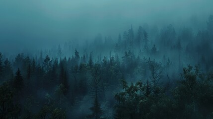 Misty Forest Panorama at Dawn with Dense Fog and Eerie Atmosphere - Ideal for Nature Lovers and Spooky Themes