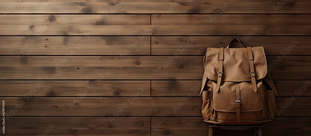 Poster backpack made of canvas and leather hangs on a wooden wall with ample copy space image