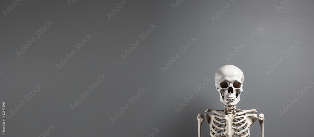 Poster Copy space image of an artificial human skeleton model placed against a grey background creating room for text