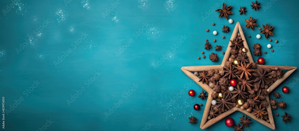 Poster top view of a christmas tree crafted from coffee beans adorned with an anise star and colorful culin