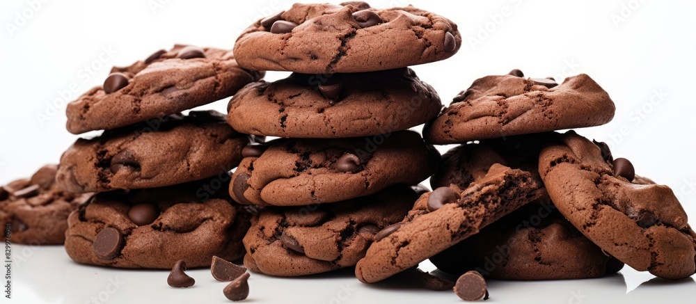Poster a copy space image of chocolate cookies set apart on a white background