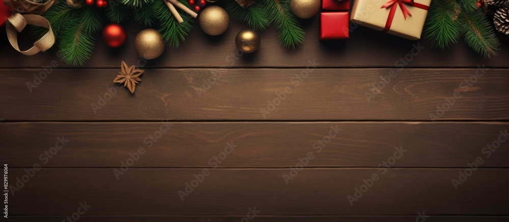 Poster top view of a christmas greeting card featuring a festive scene with a fir tree gift boxes and candl
