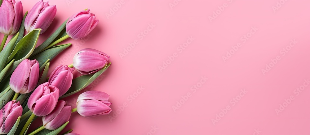 Poster a top down view of a bouquet of pink tulips on a pink background creating a concept of celebrating m