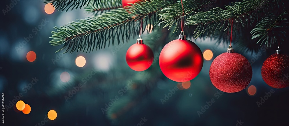 Poster close up image of fir tree branches adorned with red new year balls against a stunning backdrop of c
