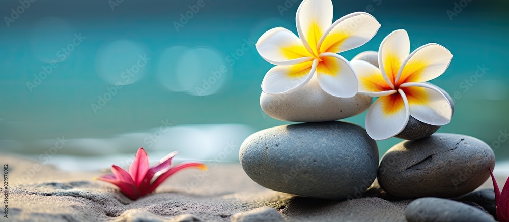 Poster Frangipani flowers placed on a stack of stones create an eye catching display. with copy space image. Place for adding text or design