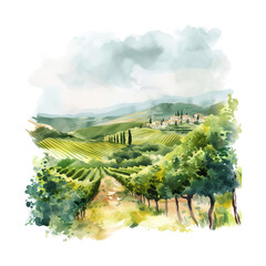 Rural landscape with vineyard fields and hills. Watercolor texture background. Hand draw design illustration  ai
