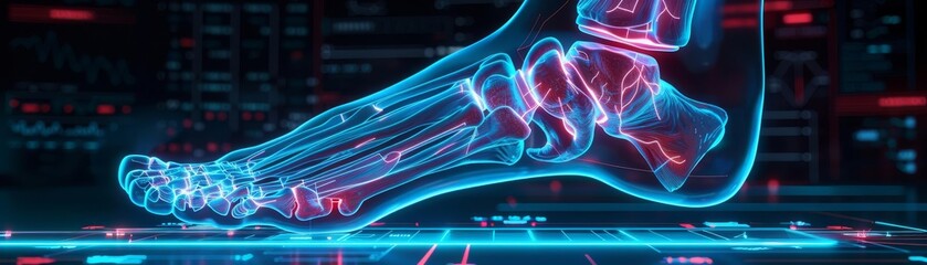 Futuristic visualization of human foot anatomy, glowing with neon blue and red to showcase muscles and bones in a dark background