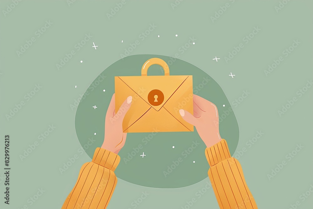 Poster hands holding a yellow envelope with a padlock, symbolizing secure communication and data protection
